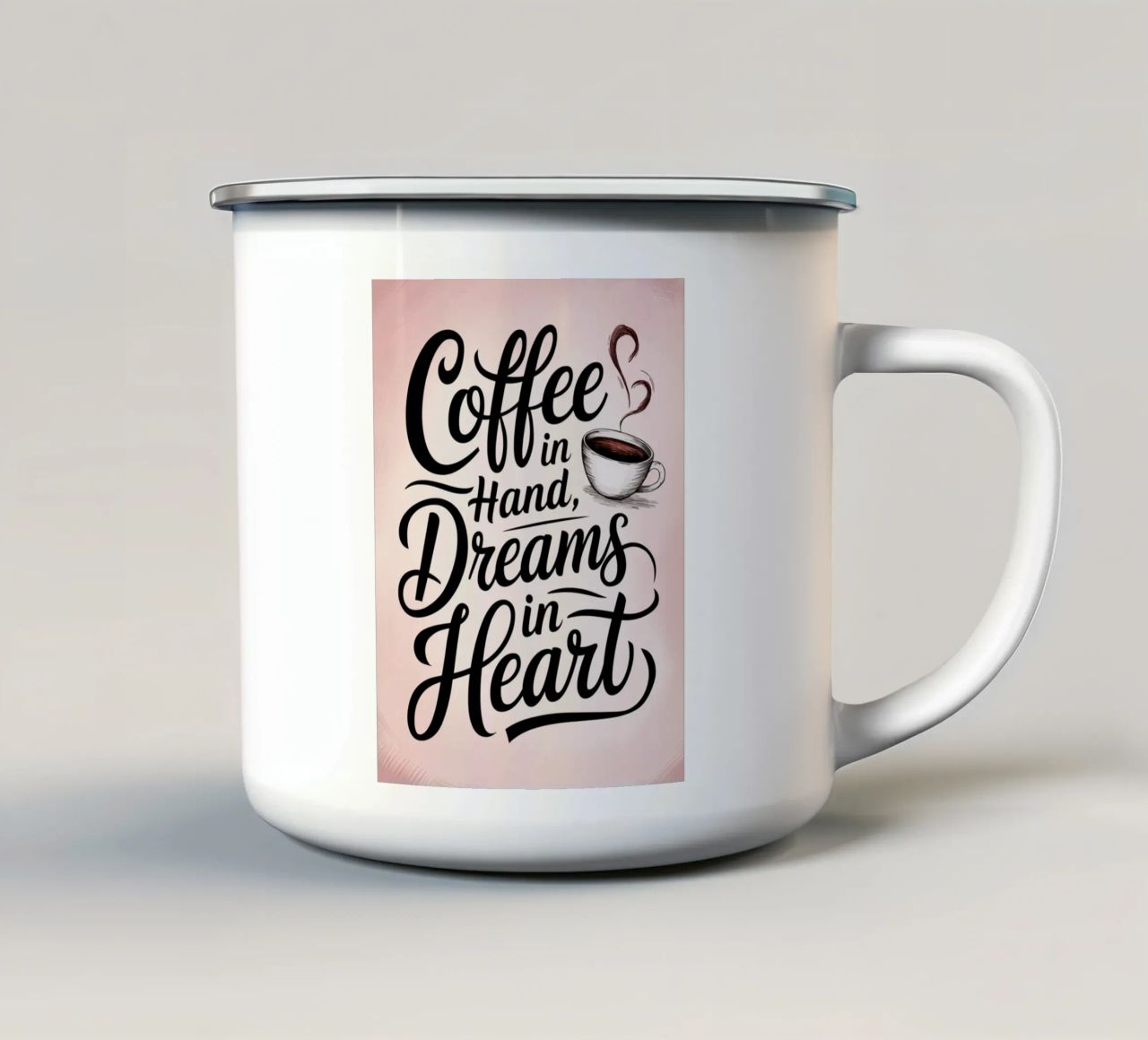 Caffè in mano, sogni nel cuore tazza in smalto da logic