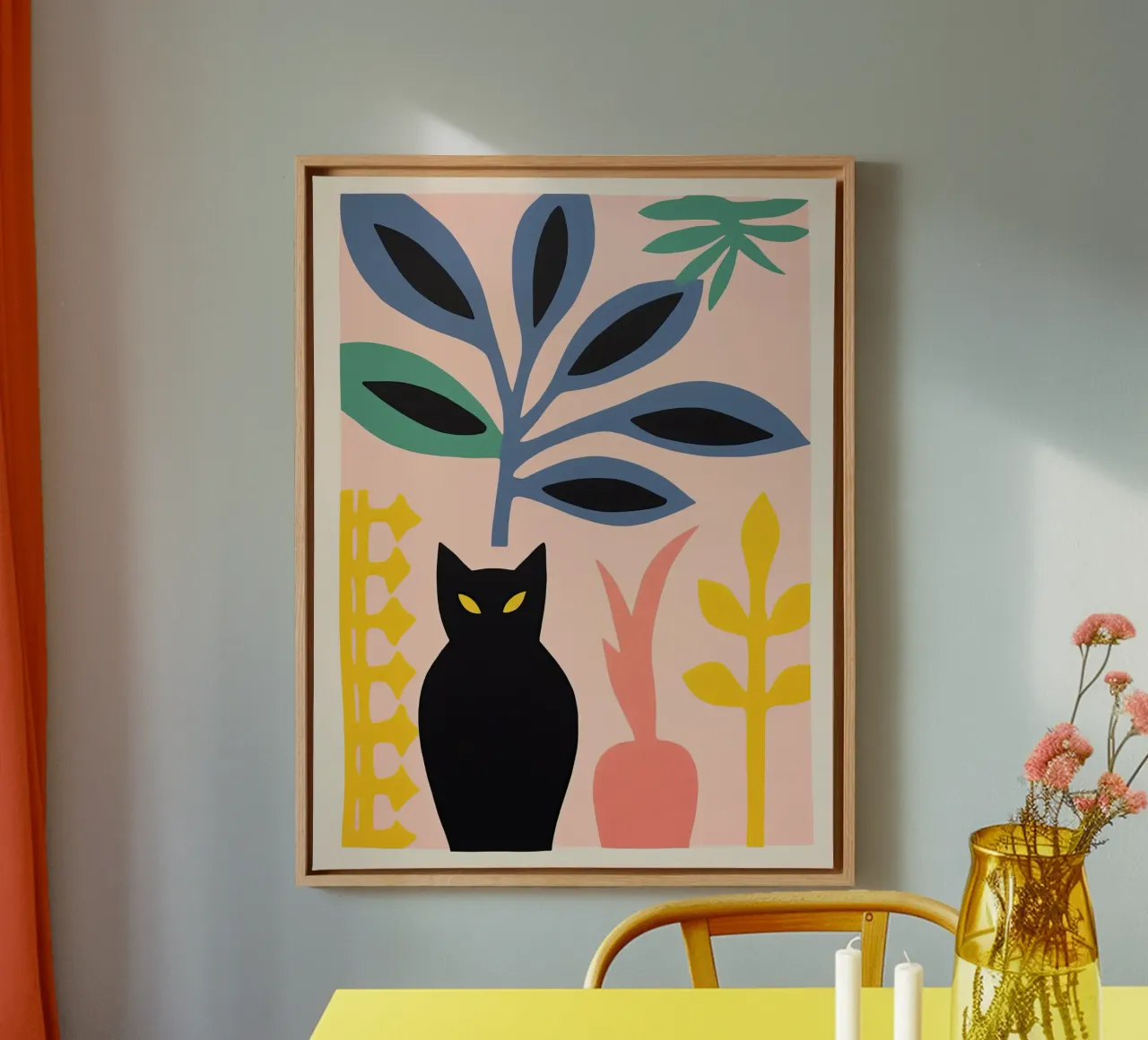 Natura morta di gatto molto enigmatica con piante d'appartamento tela con Cornice a cassetta da Autofocus