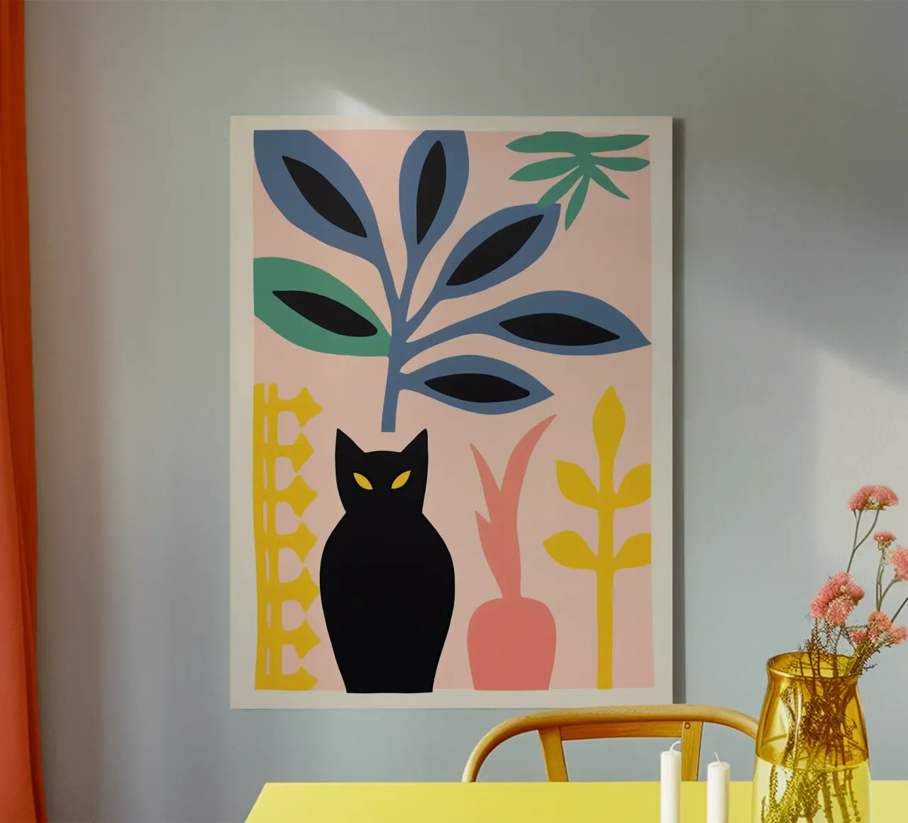 Natura morta di gatto molto enigmatica con piante d'appartamento tela con Cornice a cassetta da Autofocus