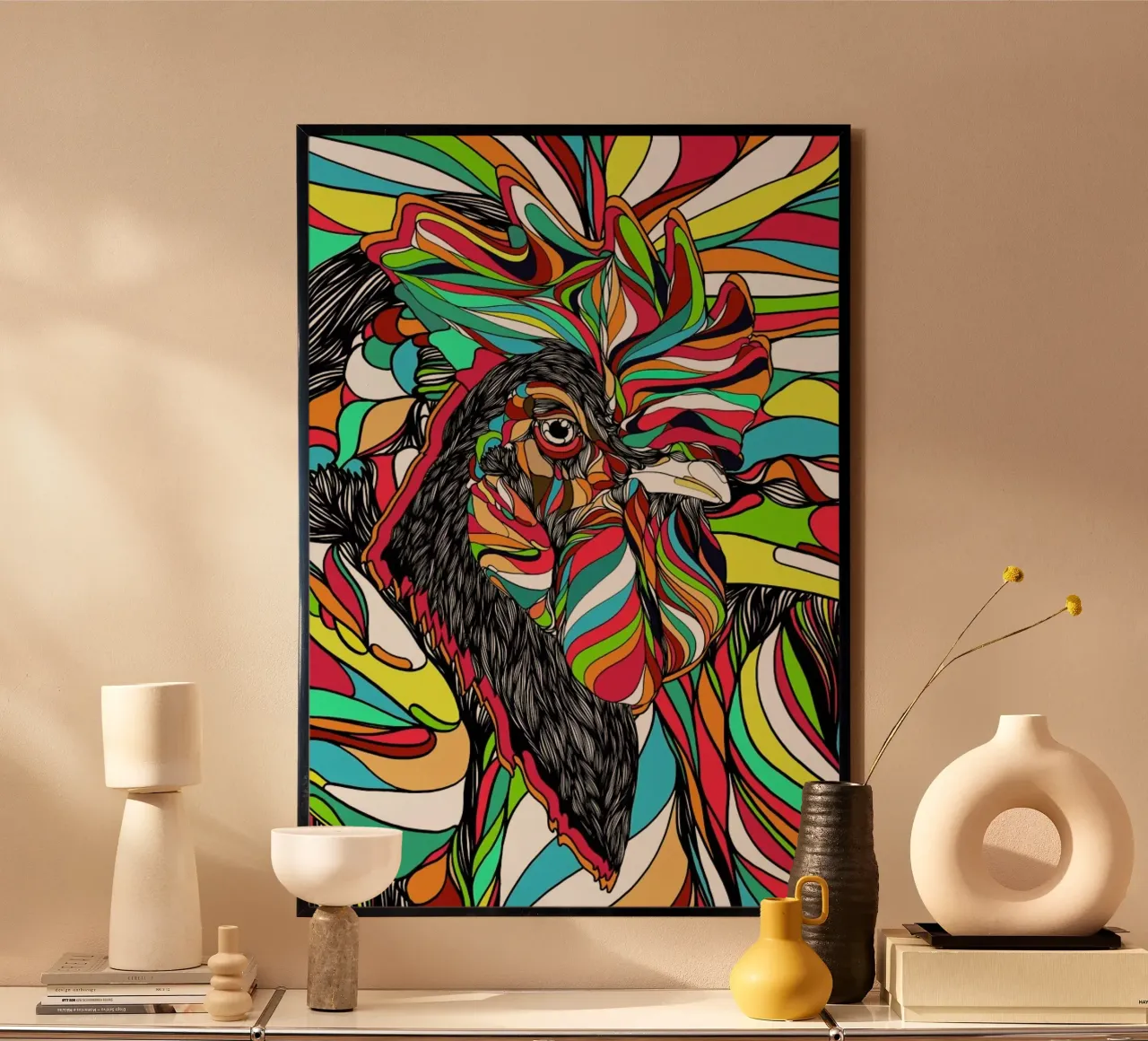 Tropical Cock poster with wooden frame by Danny Ivan