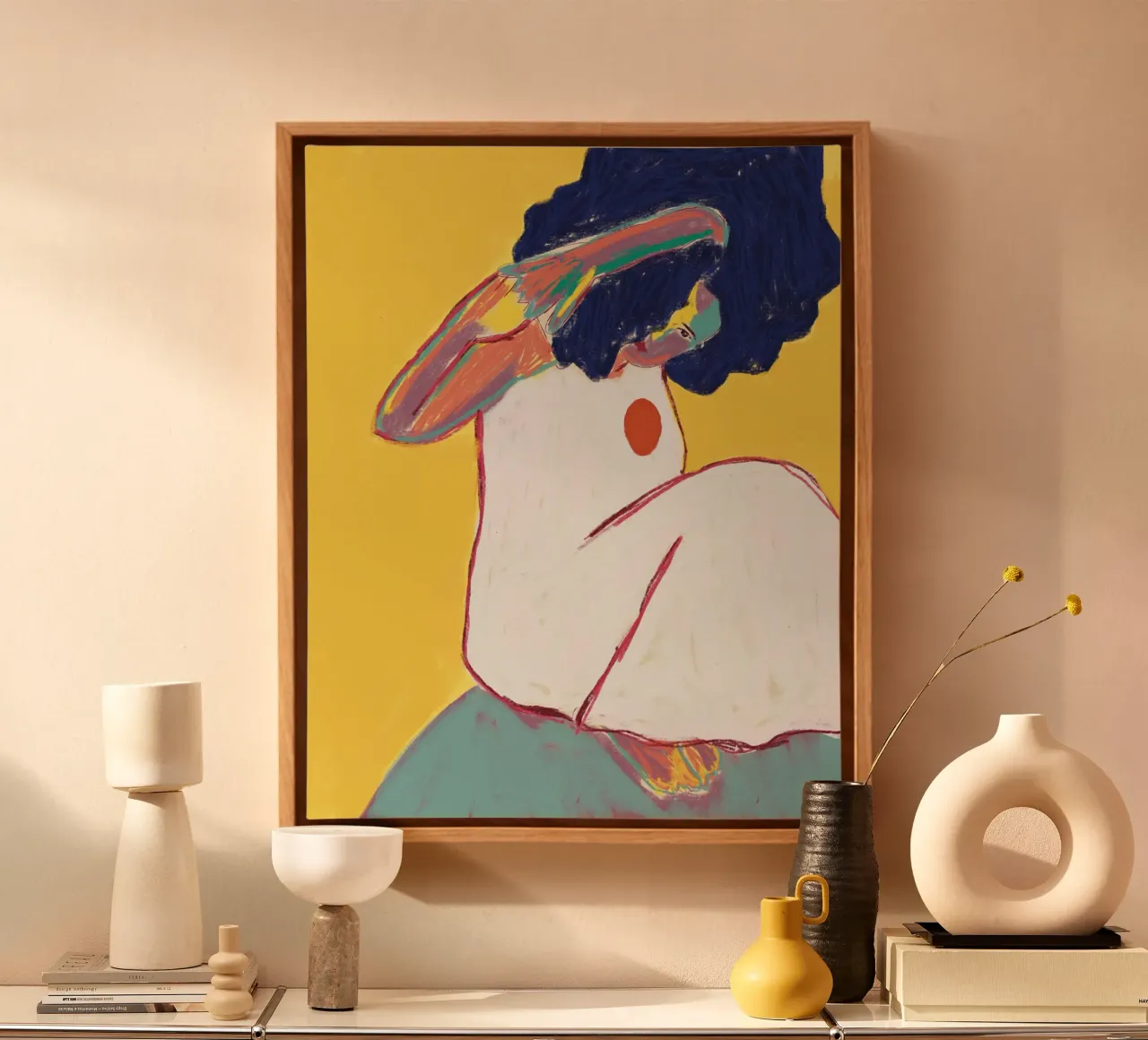 Frau auf dem Felsen sitzend Leinwand mit Schattenfugenrahmen von tainah negreiros
