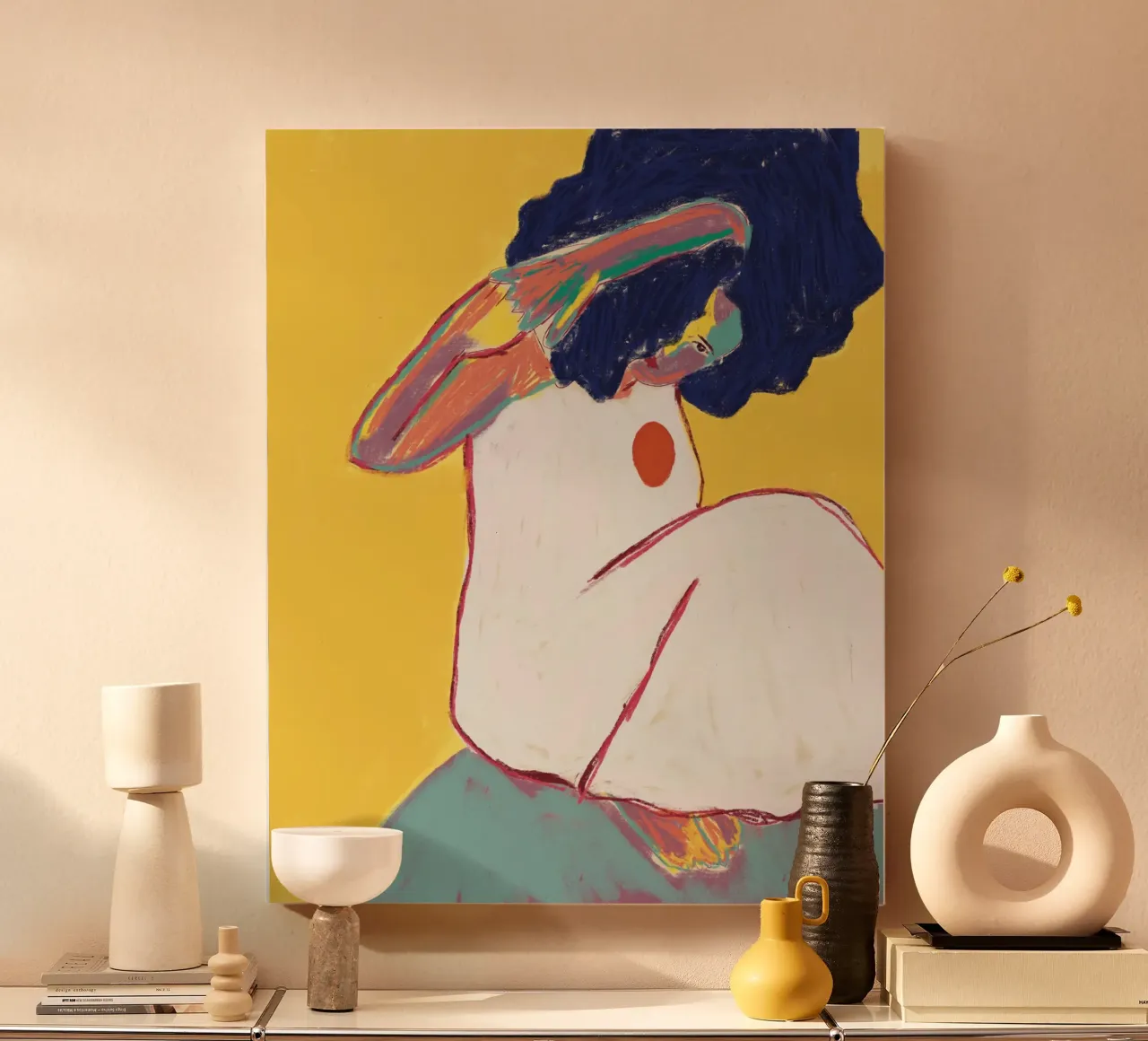 Frau auf dem Felsen sitzend Leinwand mit Schattenfugenrahmen von tainah negreiros