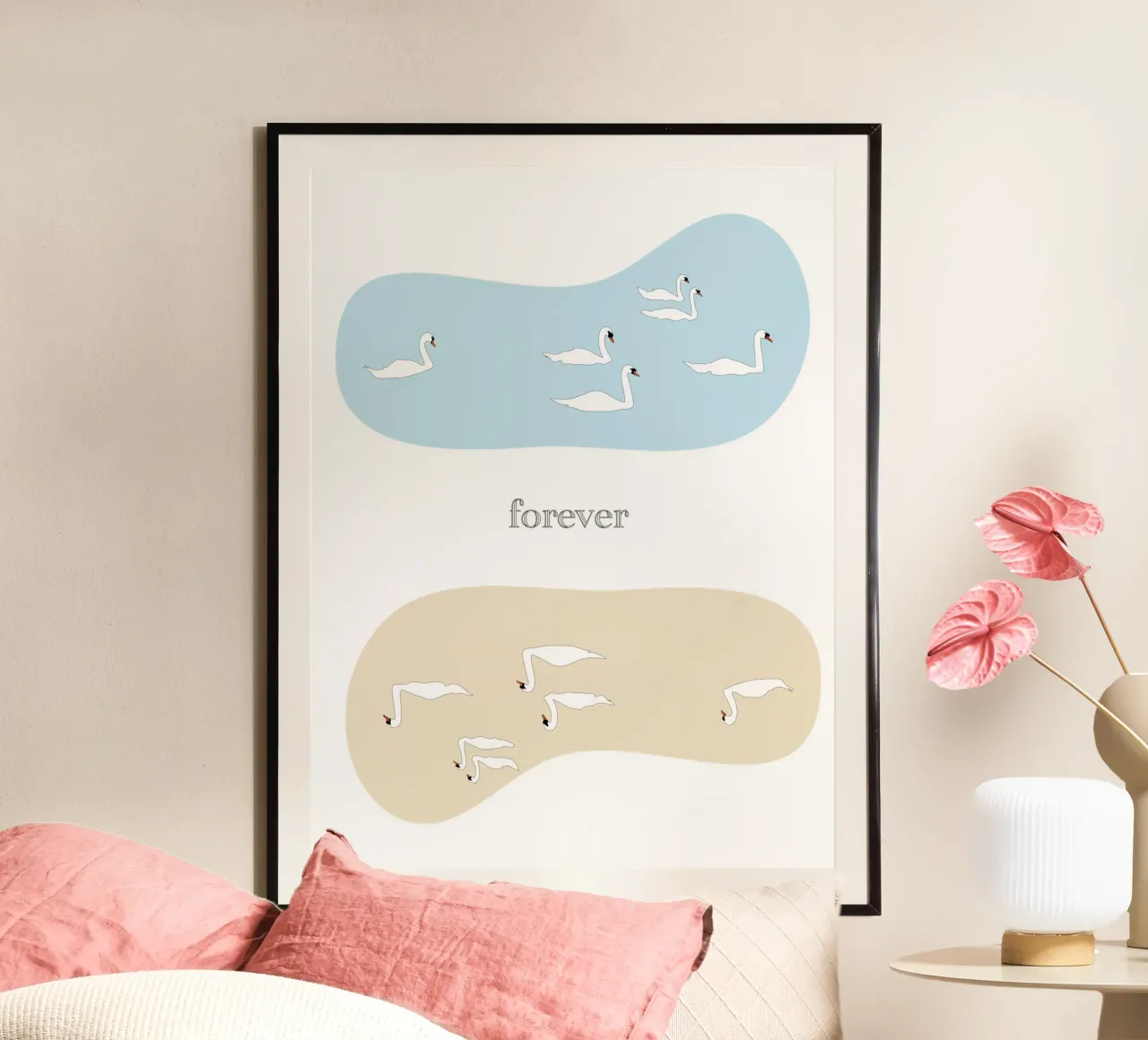 forever - swan poster con telaio in legno da natural neutral