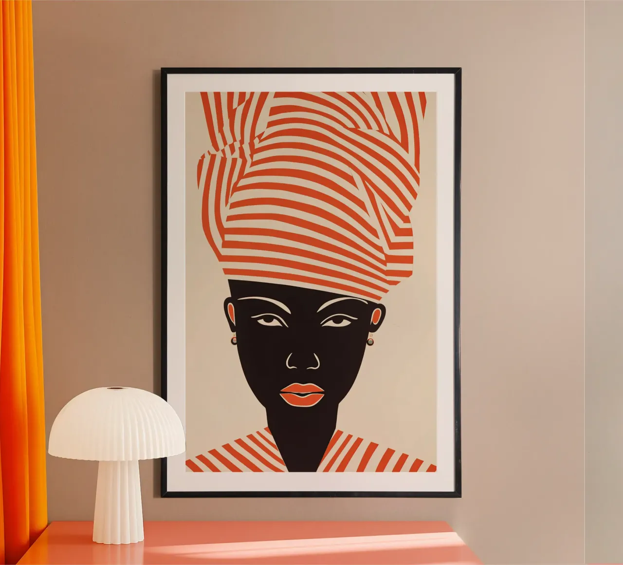 Donna africana con turbante a strisce rosse | Line art poster con telaio in plastica da Autofocus