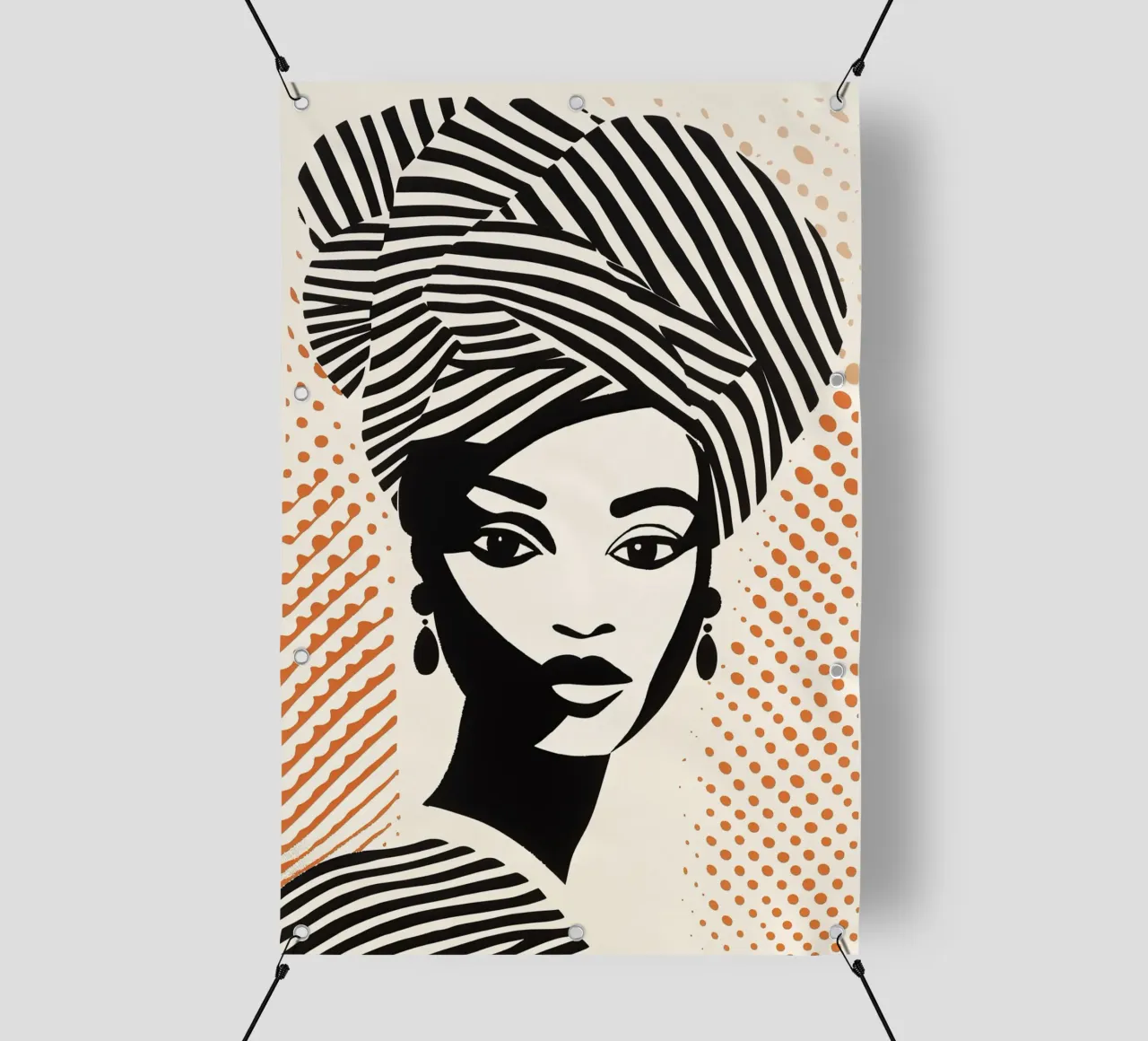 Donna con turbante a righe e motivo a pois | Paravento a mezzatinta telo in pvc da Autofocus