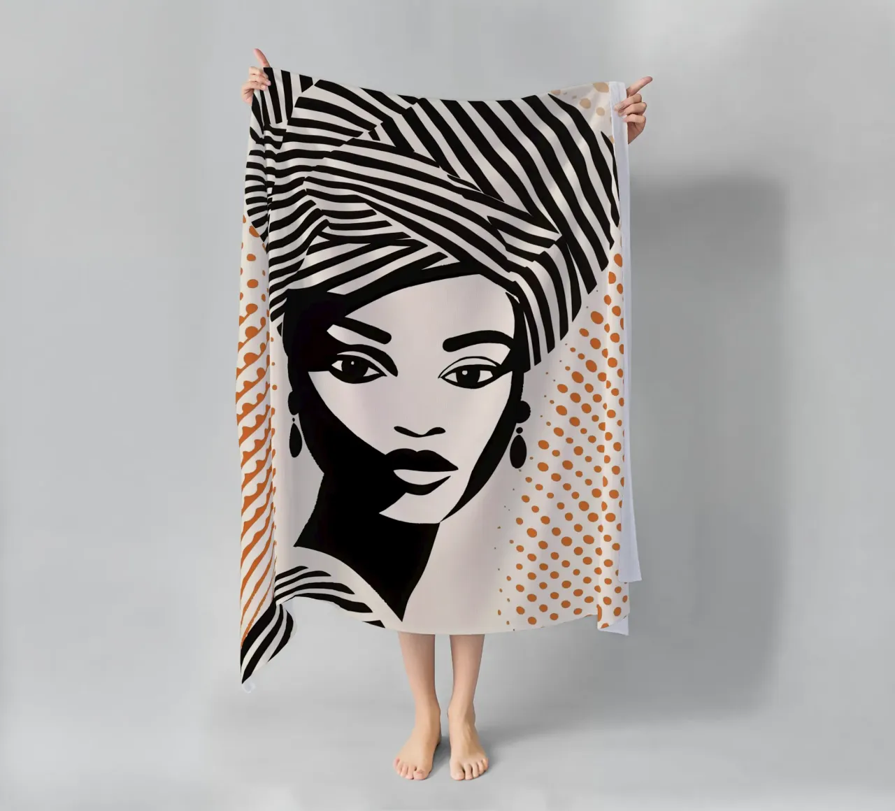 Donna con turbante a righe e motivo a pois | Paravento a mezzatinta telo mare da Autofocus