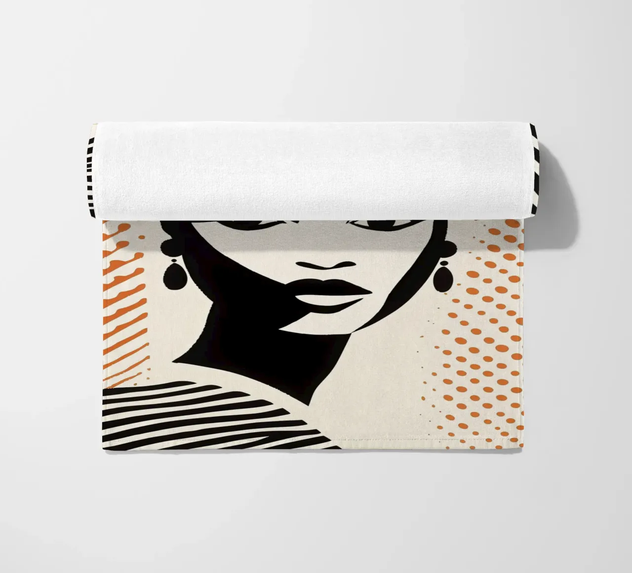 Donna con turbante a righe e motivo a pois | Paravento a mezzatinta telo mare da Autofocus