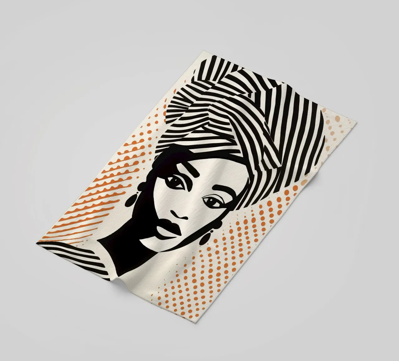 Donna con turbante a righe e motivo a pois | Paravento a mezzatinta telo mare da Autofocus