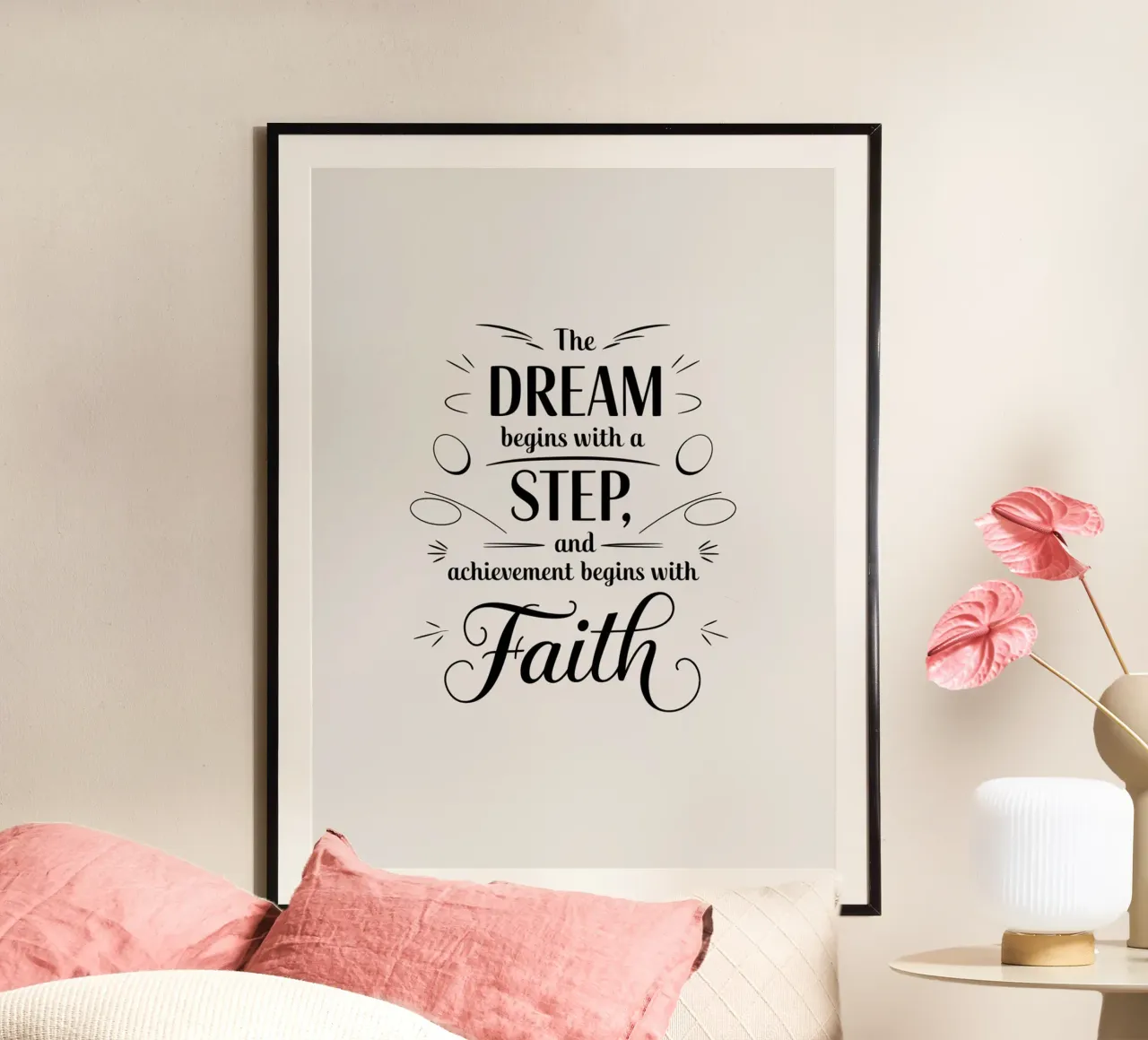 Le rêve commence par un pas, et l'accomplissement commence par un échec. poster avec cadre en bois de logic