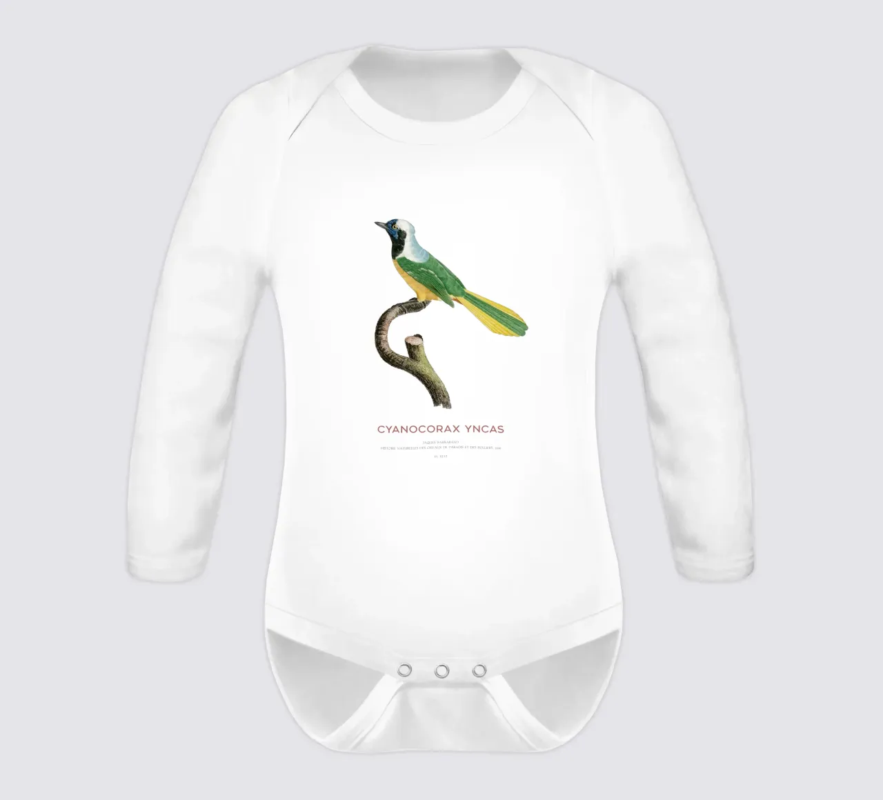 Inca jay or Cyanocorax yncas long-sleeve baby romper by Vintagrafica