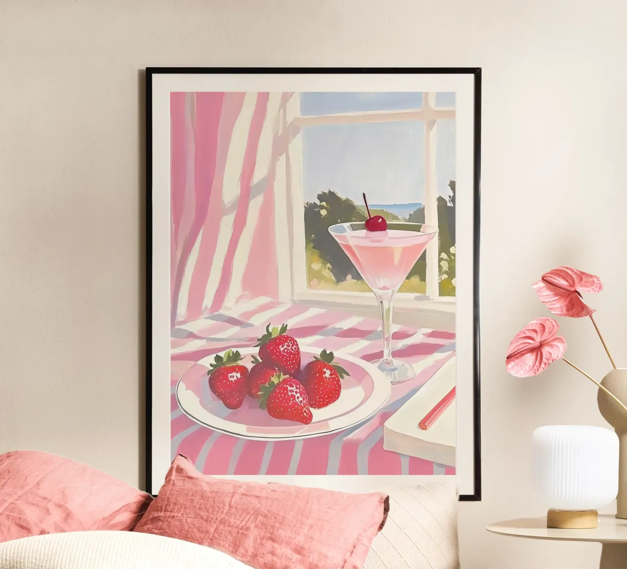 Bevanda alla fragola e ciliegia Cocktail Martini rosa Preppy Y2K poster con telaio in plastica da Gentle Echoes Art