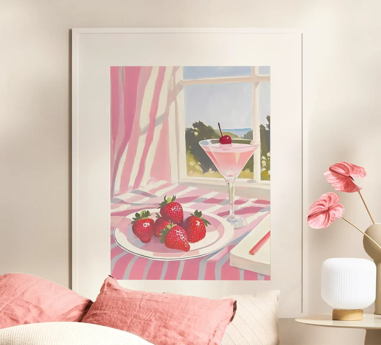 Bevanda alla fragola e ciliegia Cocktail Martini rosa Preppy Y2K poster con telaio in plastica da Gentle Echoes Art