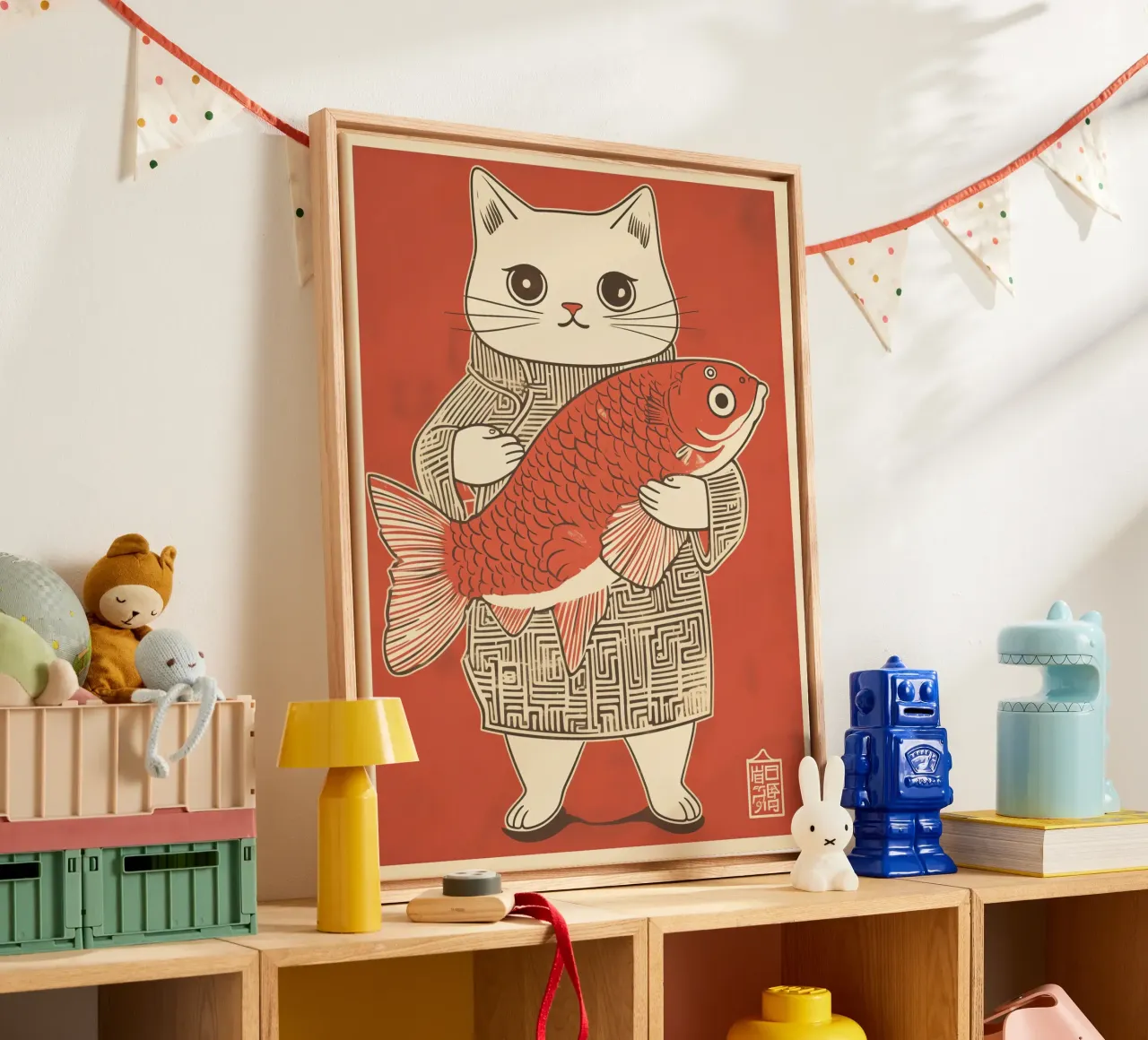 Successful Japanese cat with Koi | Ukiyo-e Japandi style canvas with Floater frame by Autofocus