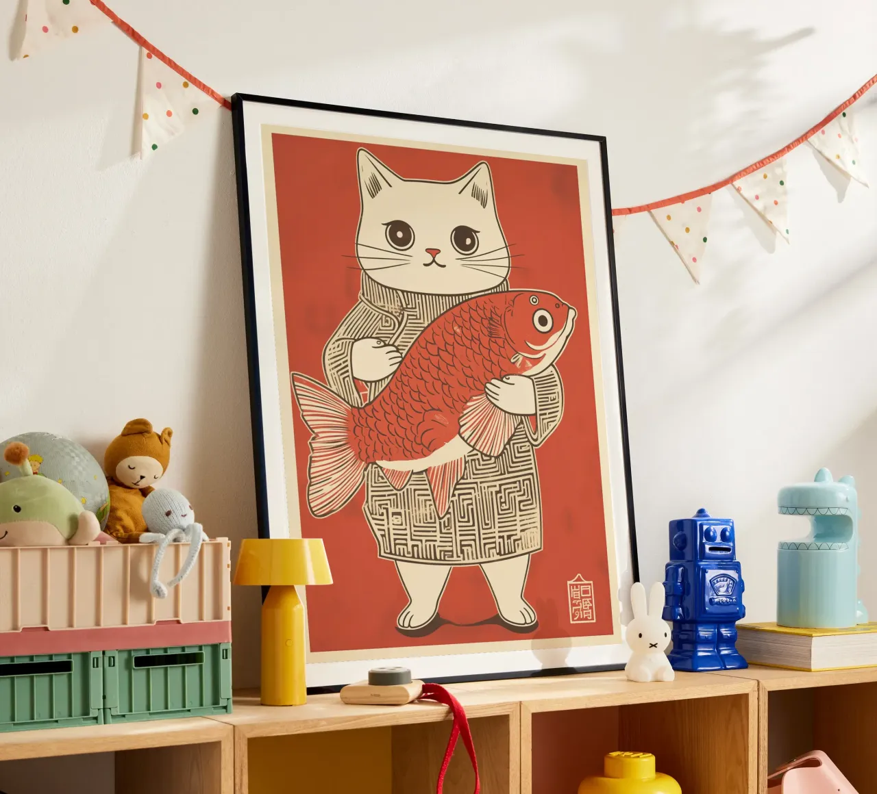 Gatto giapponese di successo con Koi | Stile Ukiyo-e giapponese poster con telaio in alluminio da Autofocus