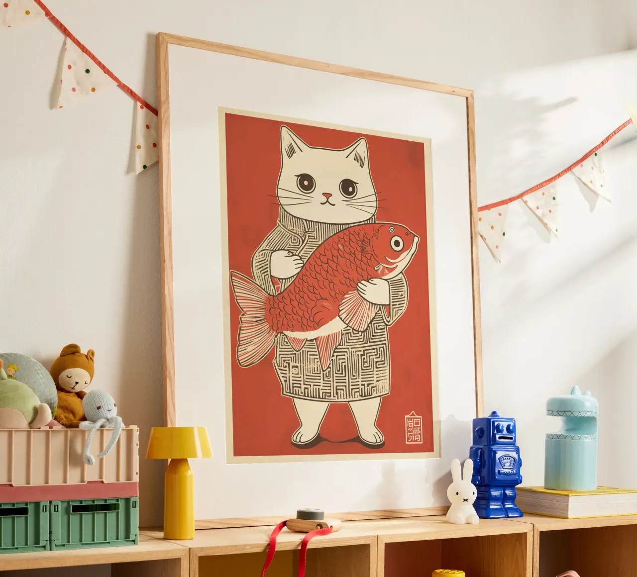 Gatto giapponese di successo con Koi | Stile Ukiyo-e giapponese poster con telaio in alluminio da Autofocus
