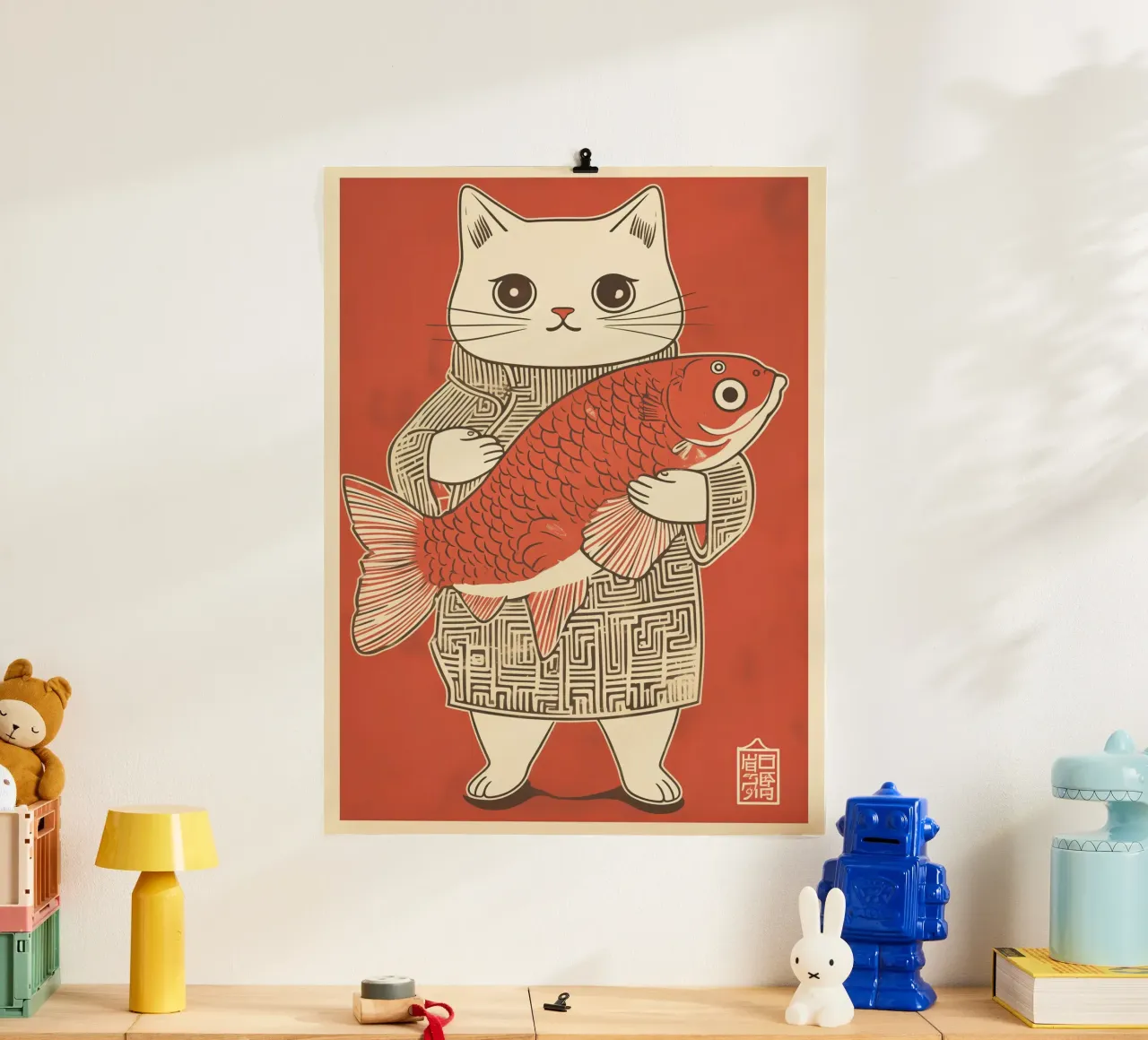 Gatto giapponese di successo con Koi | Stile Ukiyo-e giapponese poster con telaio in alluminio da Autofocus