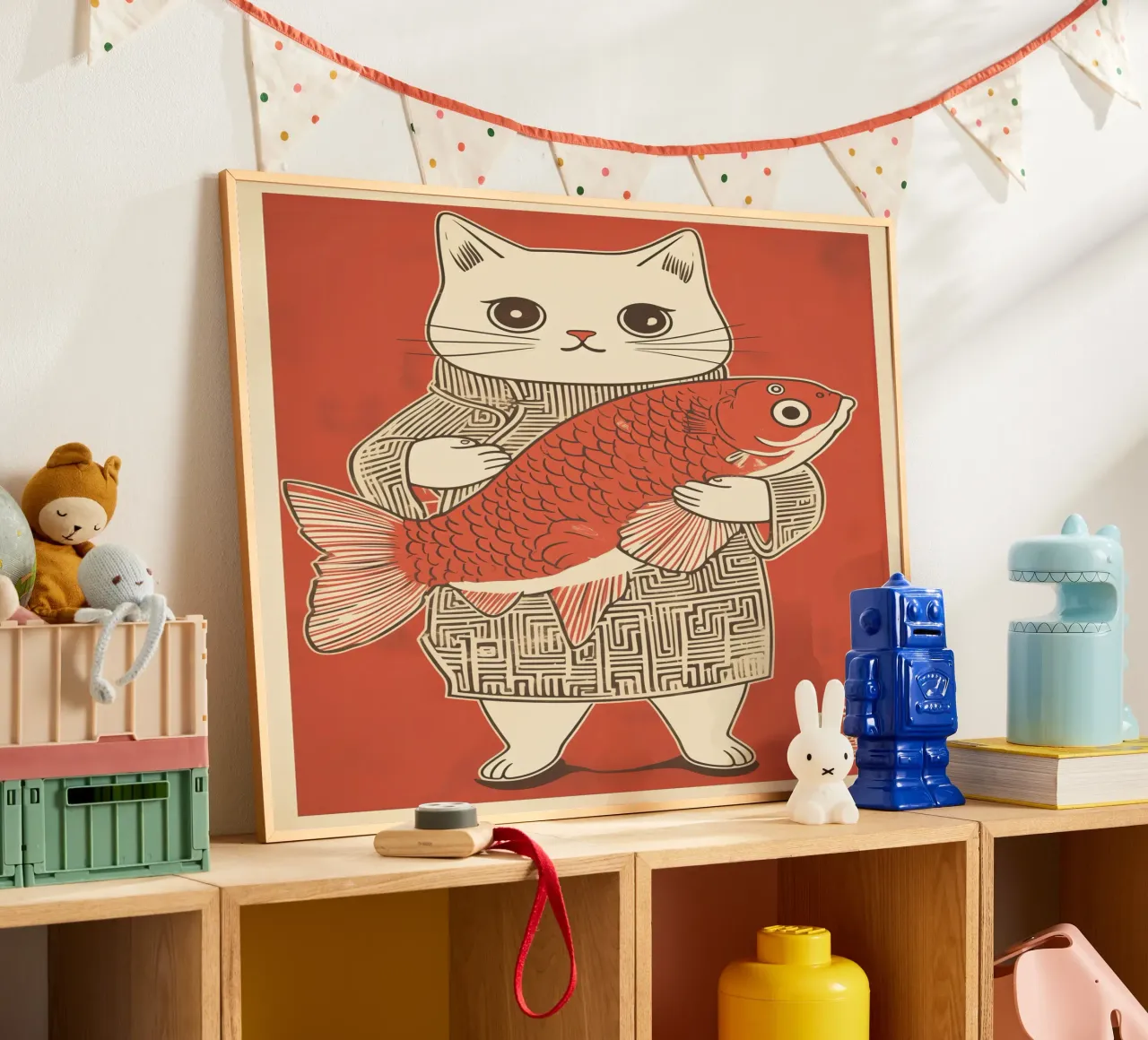 Gatto giapponese di successo con Koi | Stile Ukiyo-e giapponese poster con telaio in alluminio da Autofocus