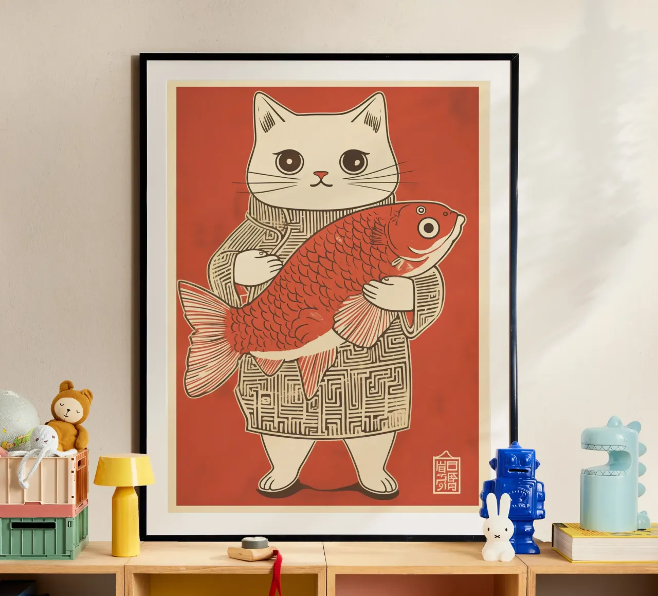 Gatto giapponese di successo con Koi | Stile Ukiyo-e giapponese poster con telaio in alluminio da Autofocus