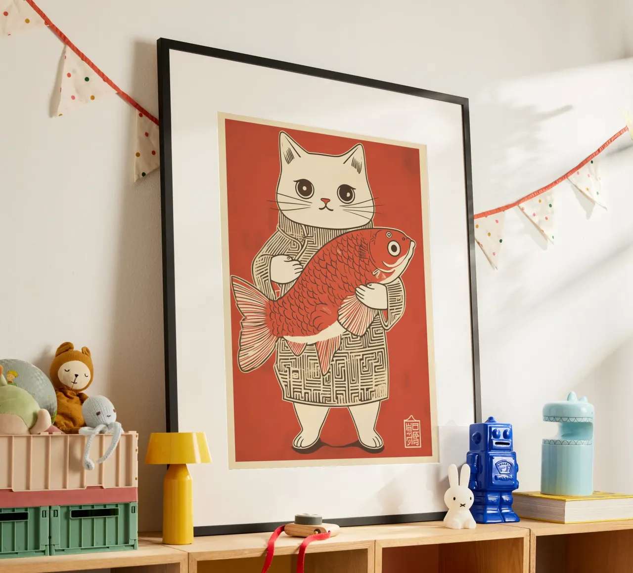 Gatto giapponese di successo con Koi | Stile Ukiyo-e giapponese poster con telaio in alluminio da Autofocus