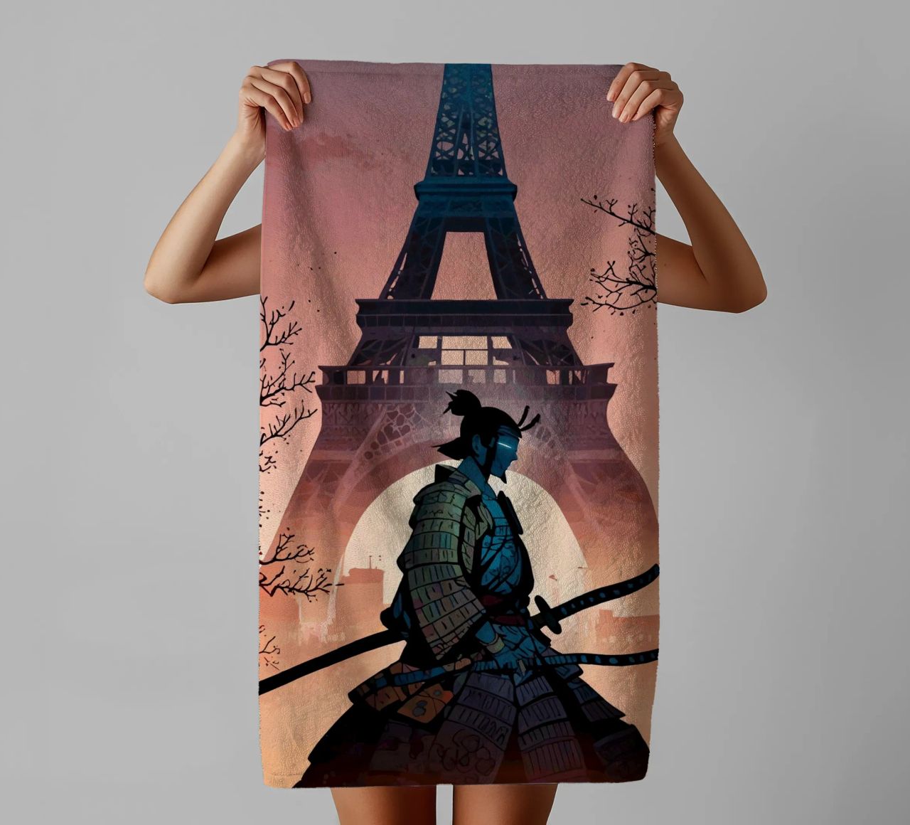 Samurai of the Eiffel Dawn towel by artdesign1985