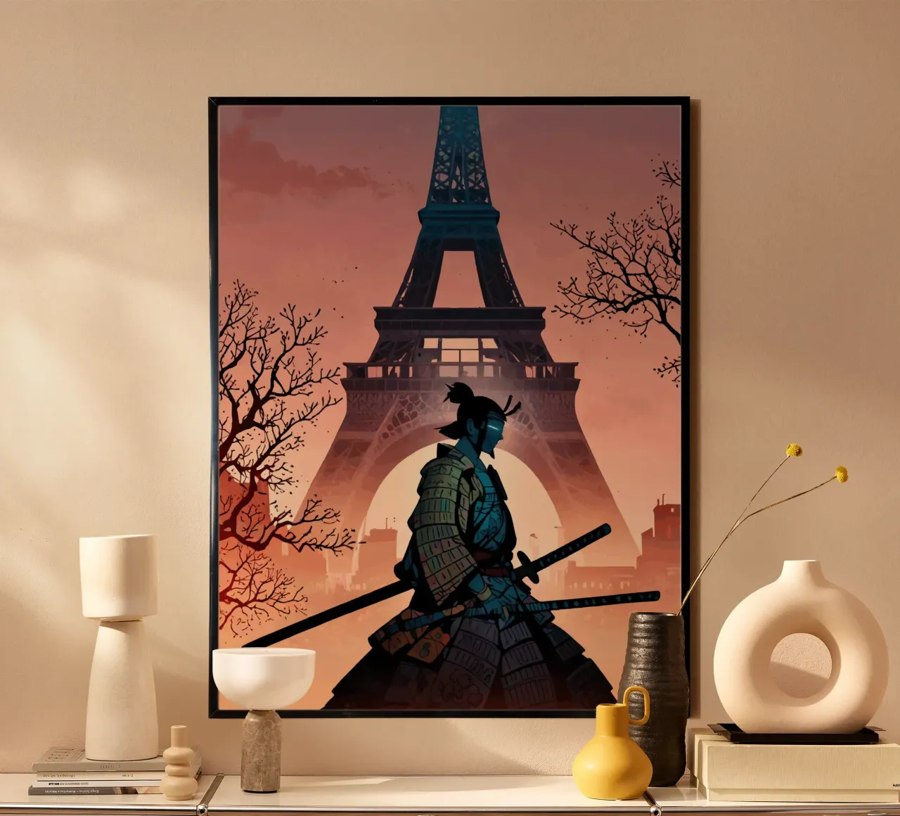 Samurai of the Eiffel Dawn poster with wooden frame by artdesign1985