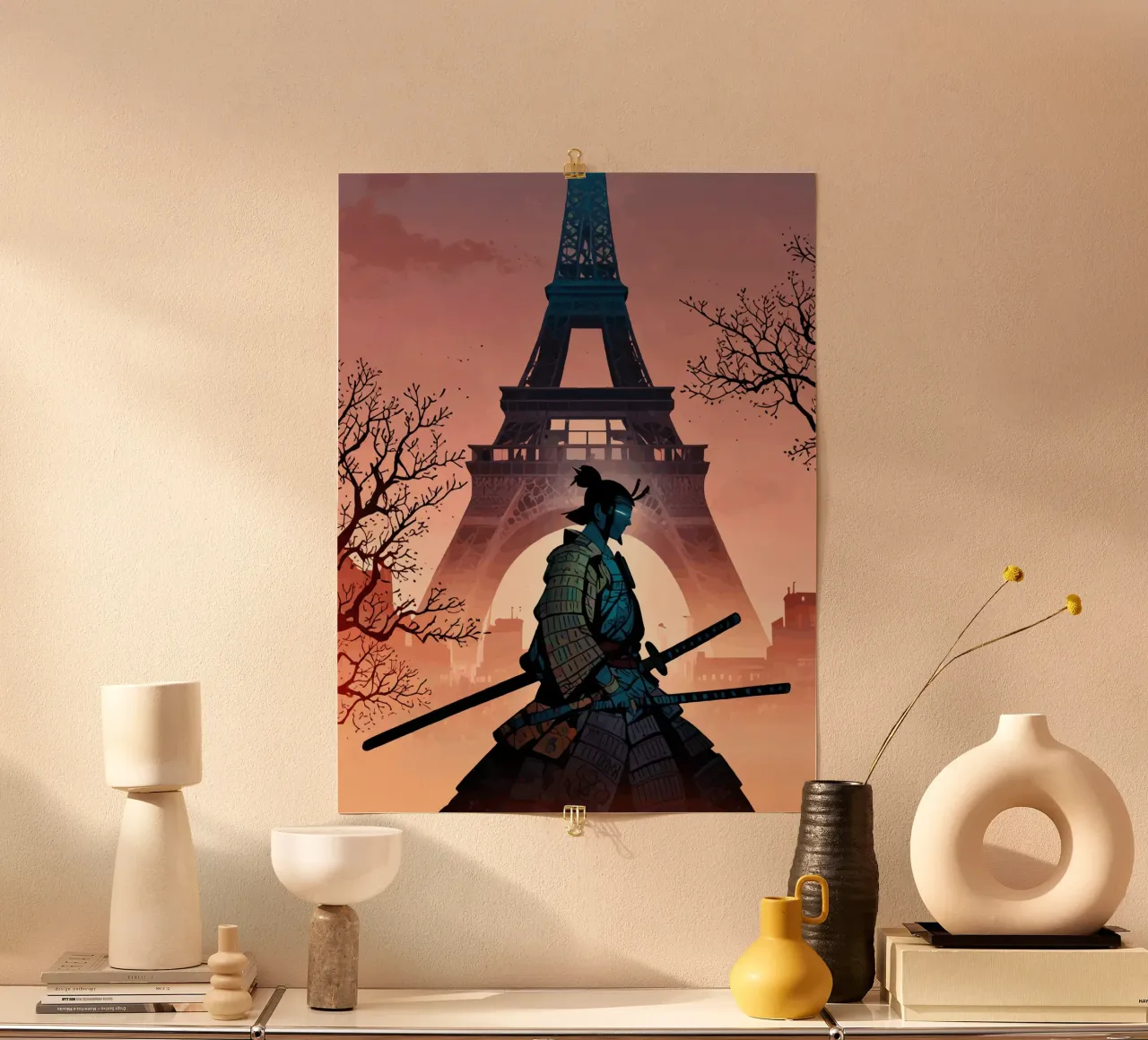 Samurai of the Eiffel Dawn poster with wooden frame by artdesign1985