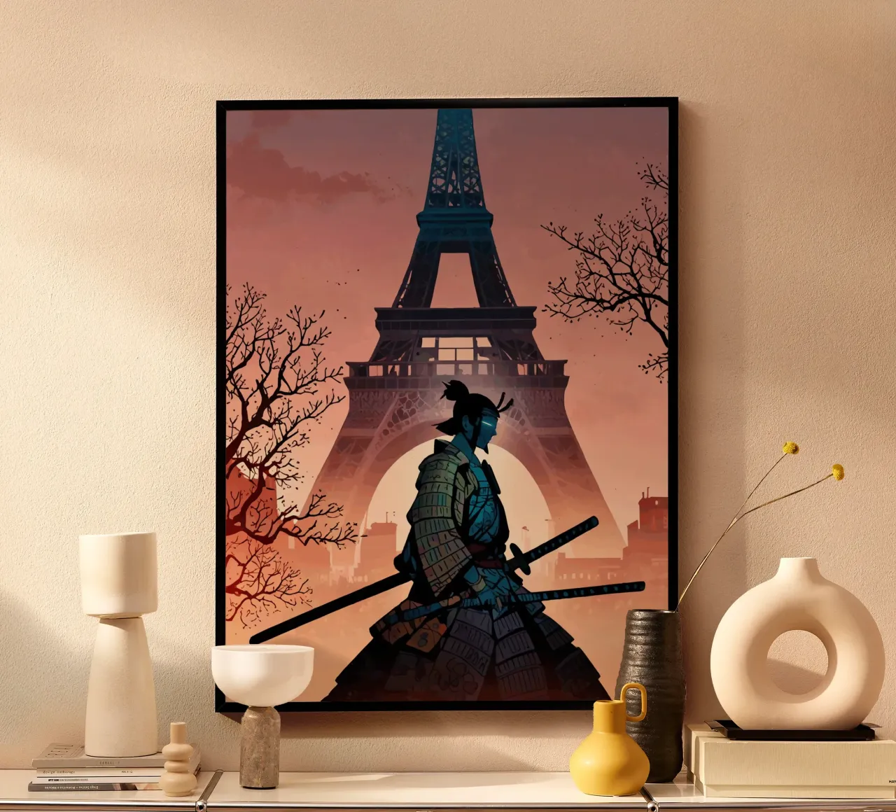 Samurai of the Eiffel Dawn poster with wooden frame by artdesign1985