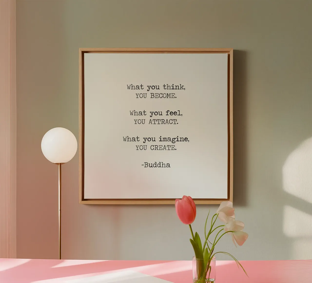 "Ciò che pensi diventi" - Citazione buddista di Buddha tela con Cornice a cassetta da Summer Soul Co. - Quotes
