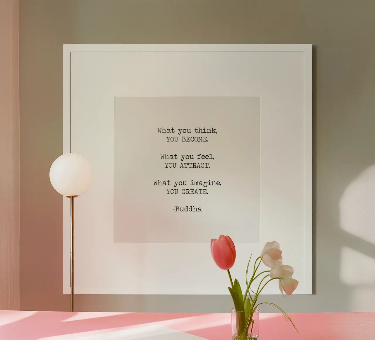 "Ciò che pensi diventi" - Citazione buddista di Buddha poster con telaio in plastica da Summer Soul Co. - Quotes