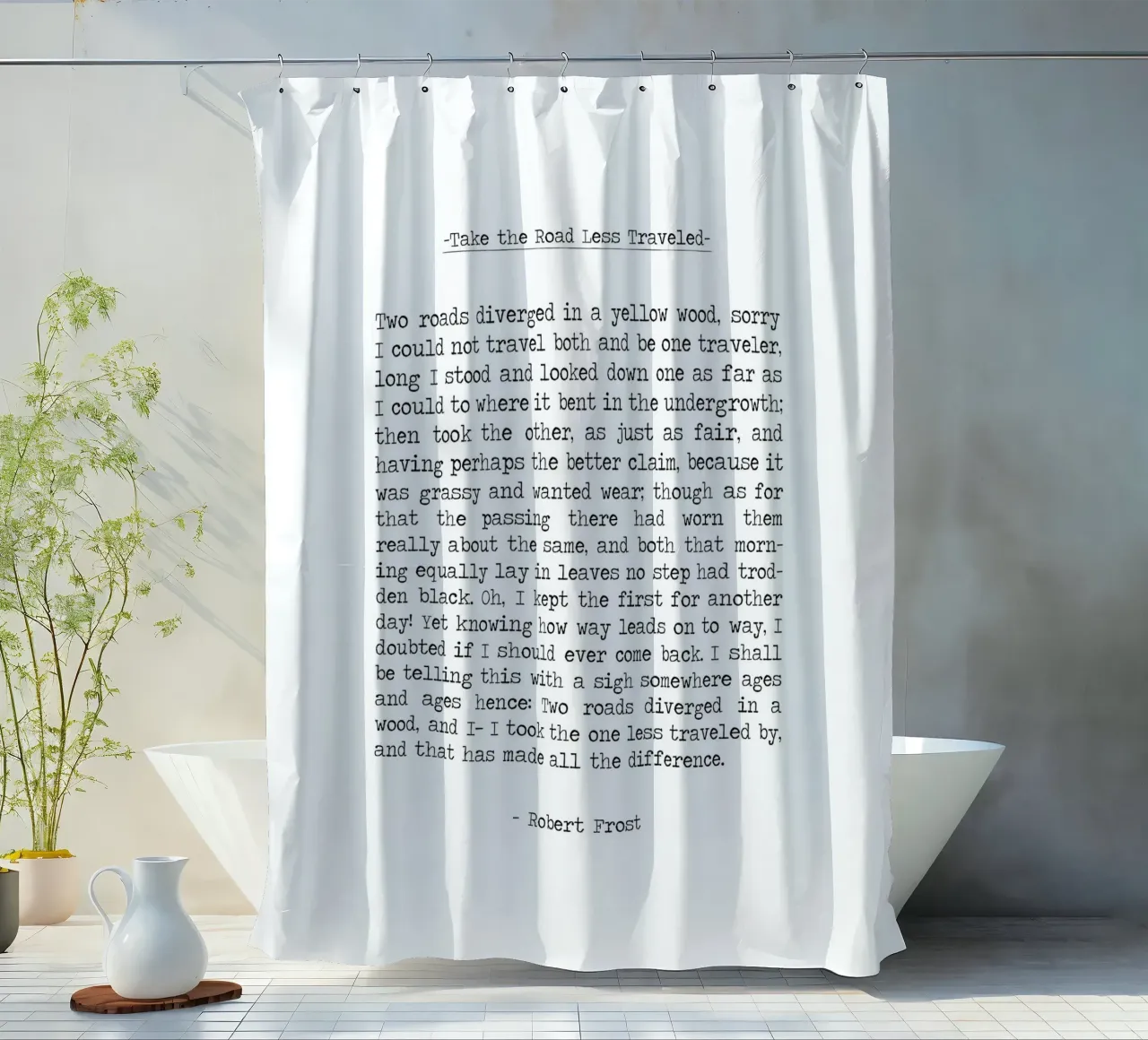 "Due strade si sono separate in un bosco giallo" - Robert Frost Citazione tenda da doccia da Summer Soul Co. - Quotes