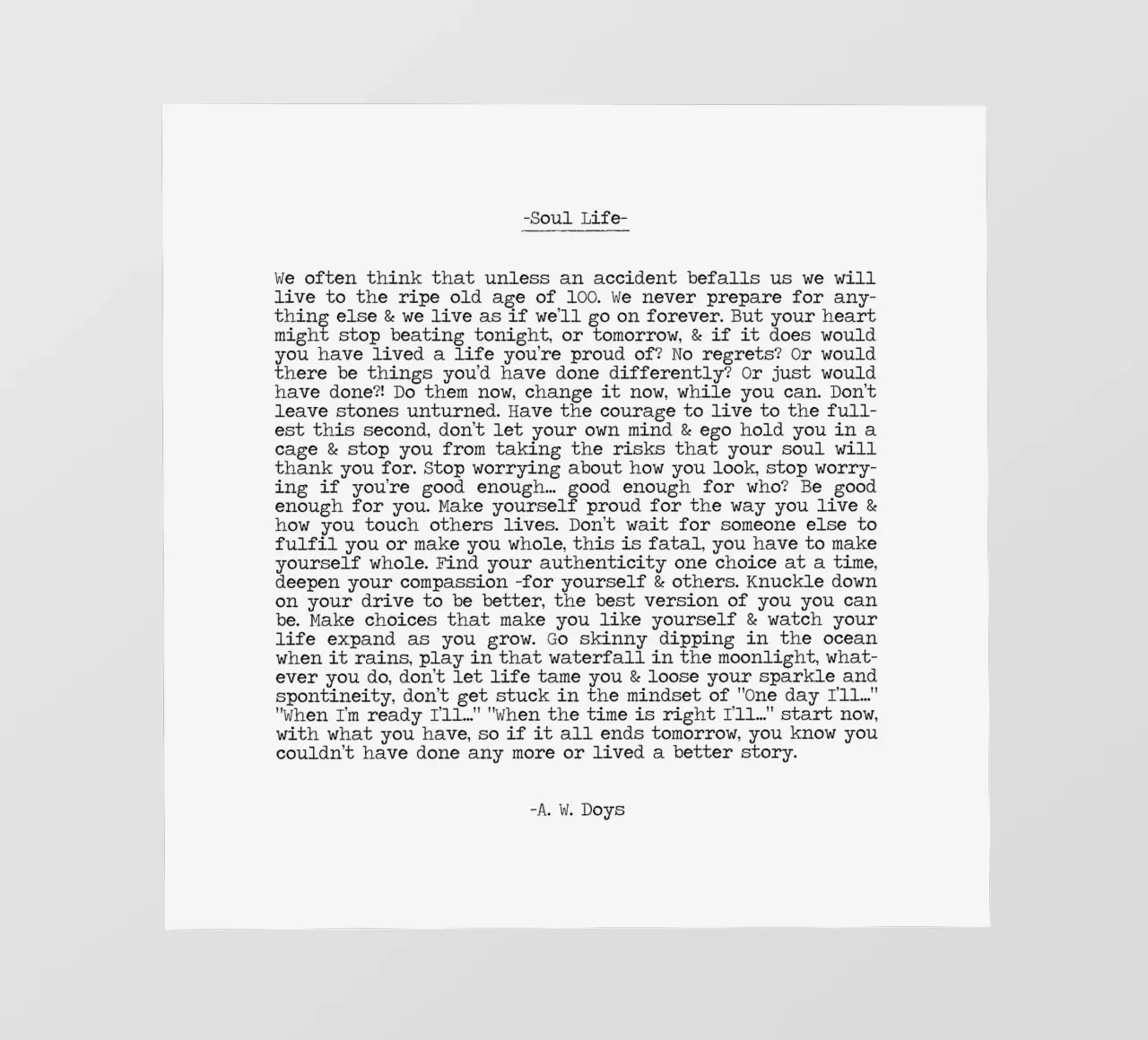 Soul Life - A W Doys - Citazione minimalista in bianco e nero pellicola backlit da Summer Soul Co. - Quotes