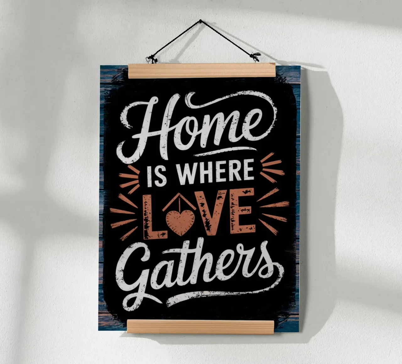 La casa è il luogo in cui si riunisce l'amore. poster con telaio in legno da logic