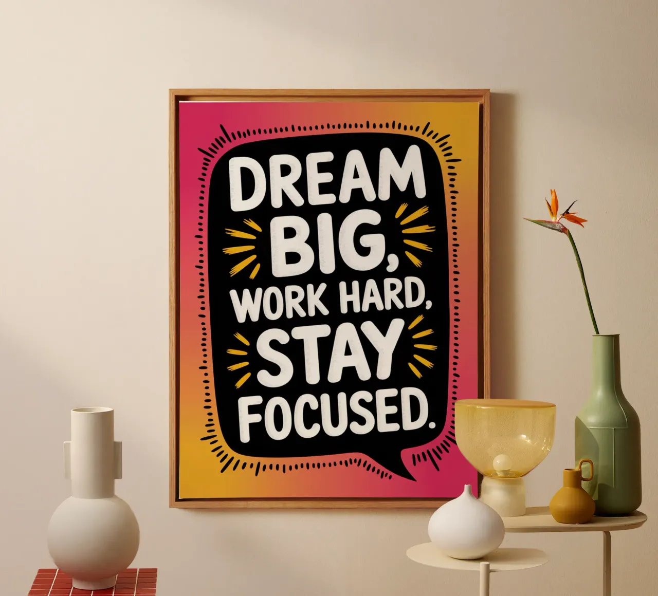 DROOM GROOT, WERK HARD, BLIJF GEFOCUST. canvas met Baklijst van logic