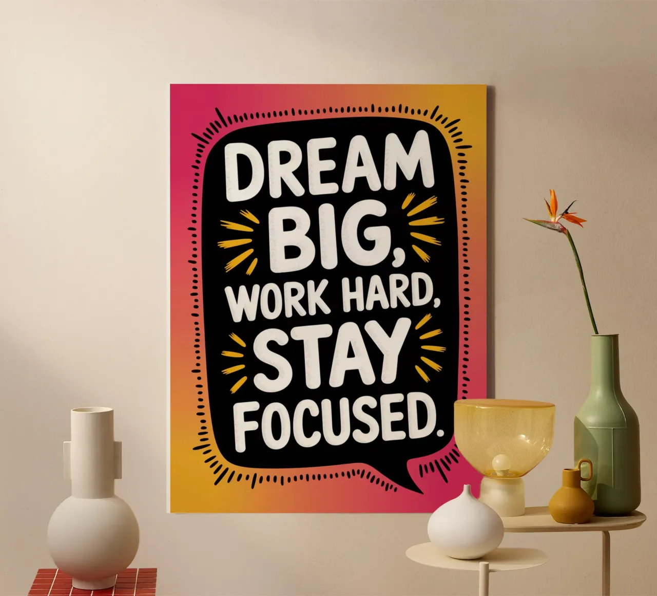 DROOM GROOT, WERK HARD, BLIJF GEFOCUST. canvas met Baklijst van logic