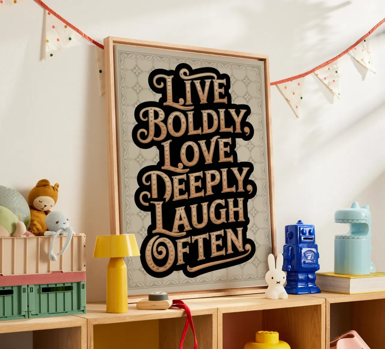 VIVERE CON CORAGGIO, AMARE PROFONDAMENTE, RIDERE SPESSO. tela con Cornice a cassetta da logic