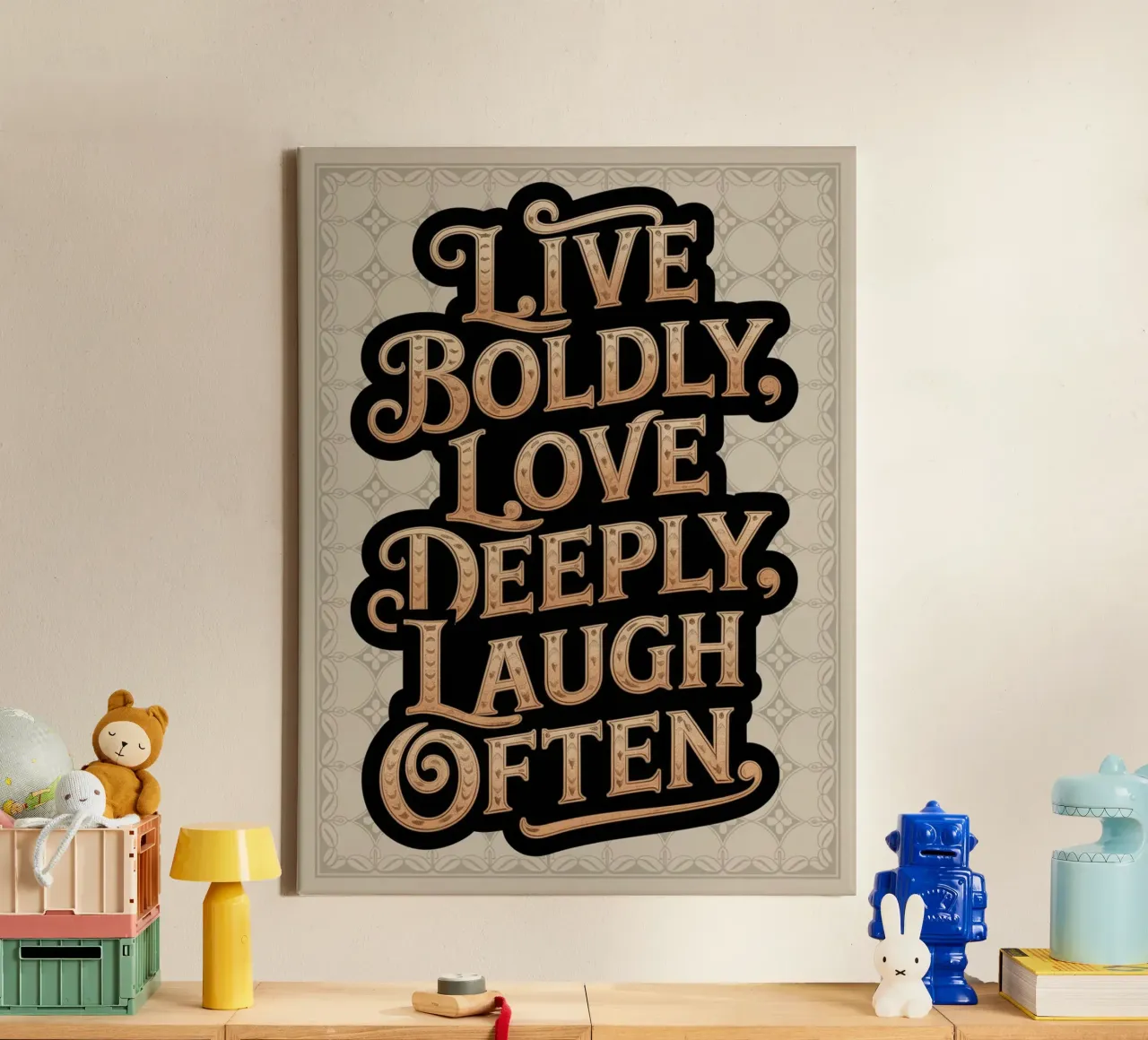 VIVERE CON CORAGGIO, AMARE PROFONDAMENTE, RIDERE SPESSO. tela con Cornice a cassetta da logic