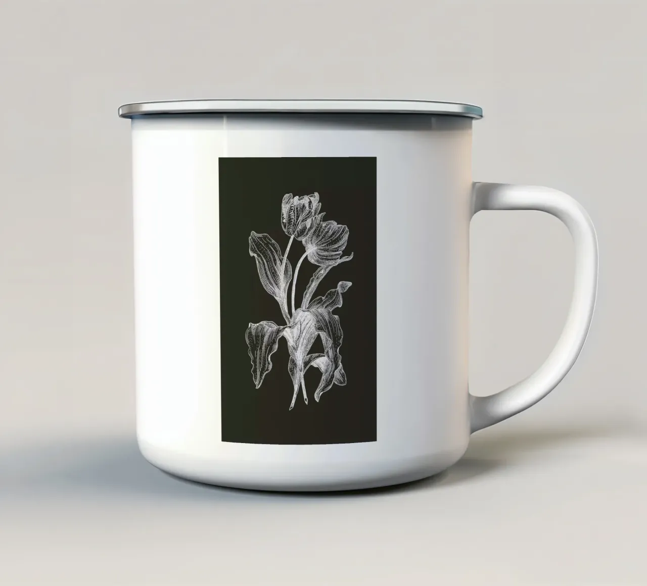 Tulips - White on Grey tazza in smalto da Pen & Ink