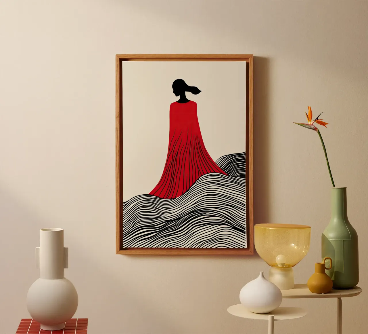 Wave child in a red dress | Line art canvas by Autofocus