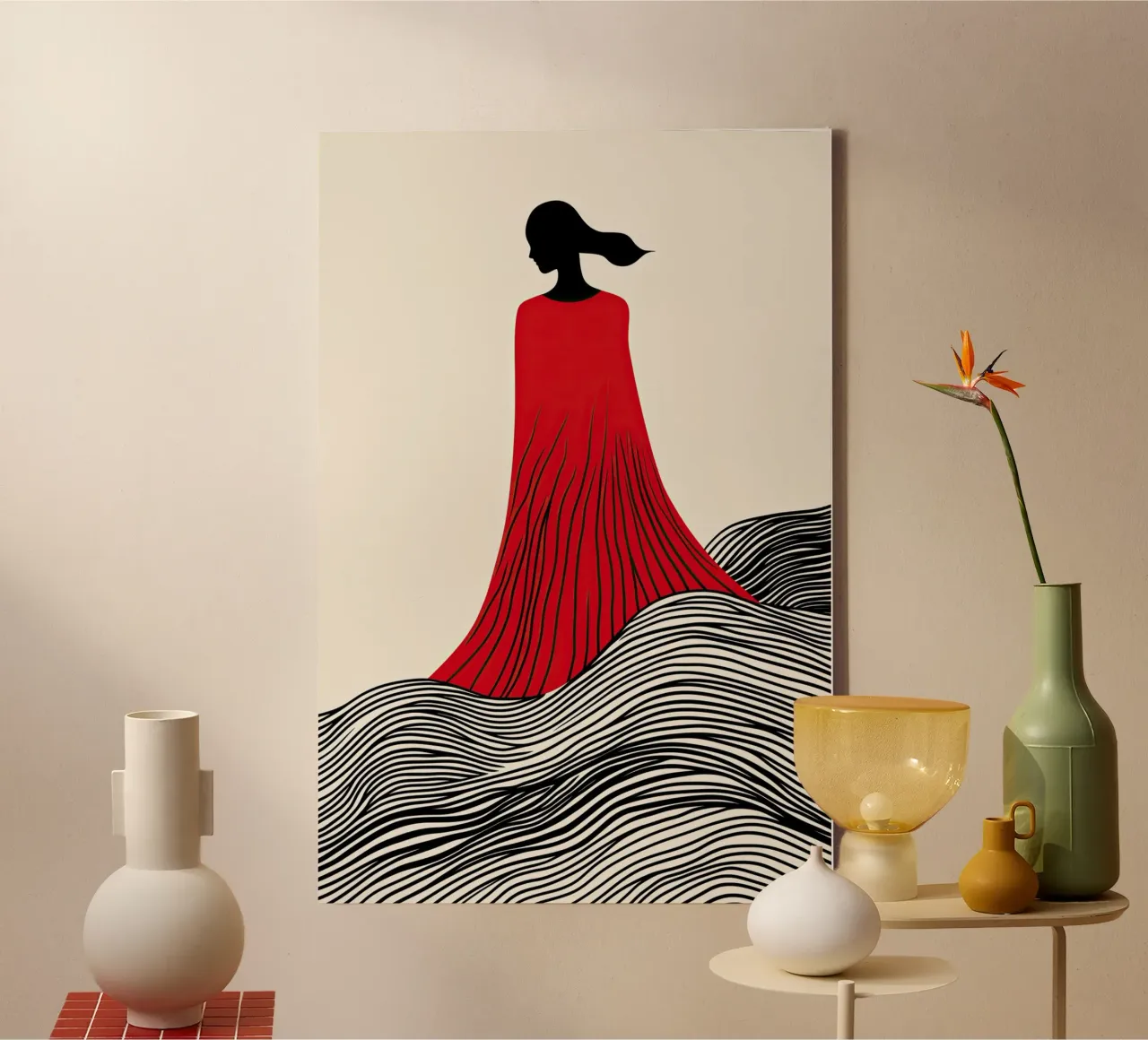 Wave child in a red dress | Line art canvas by Autofocus