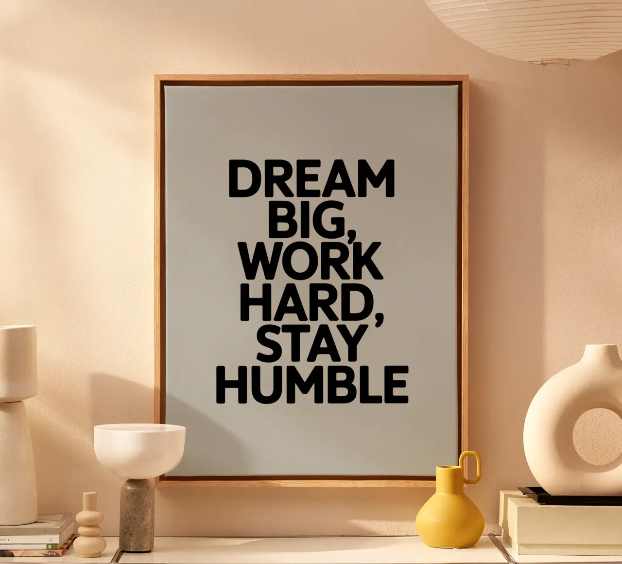 DROOM GROOT, WERK HARD, BLIJF NEDERIG canvas met Baklijst van logic