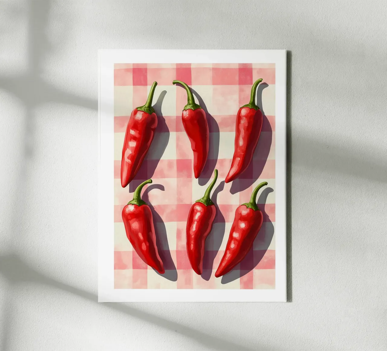 Red peppers on a checked background canvas with Floater frame by Spice & Style