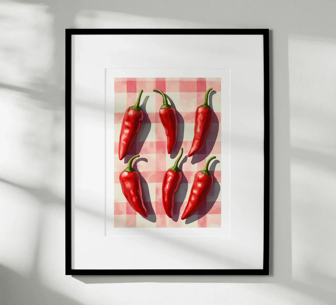 Red peppers on a checked background poster by Spice & Style