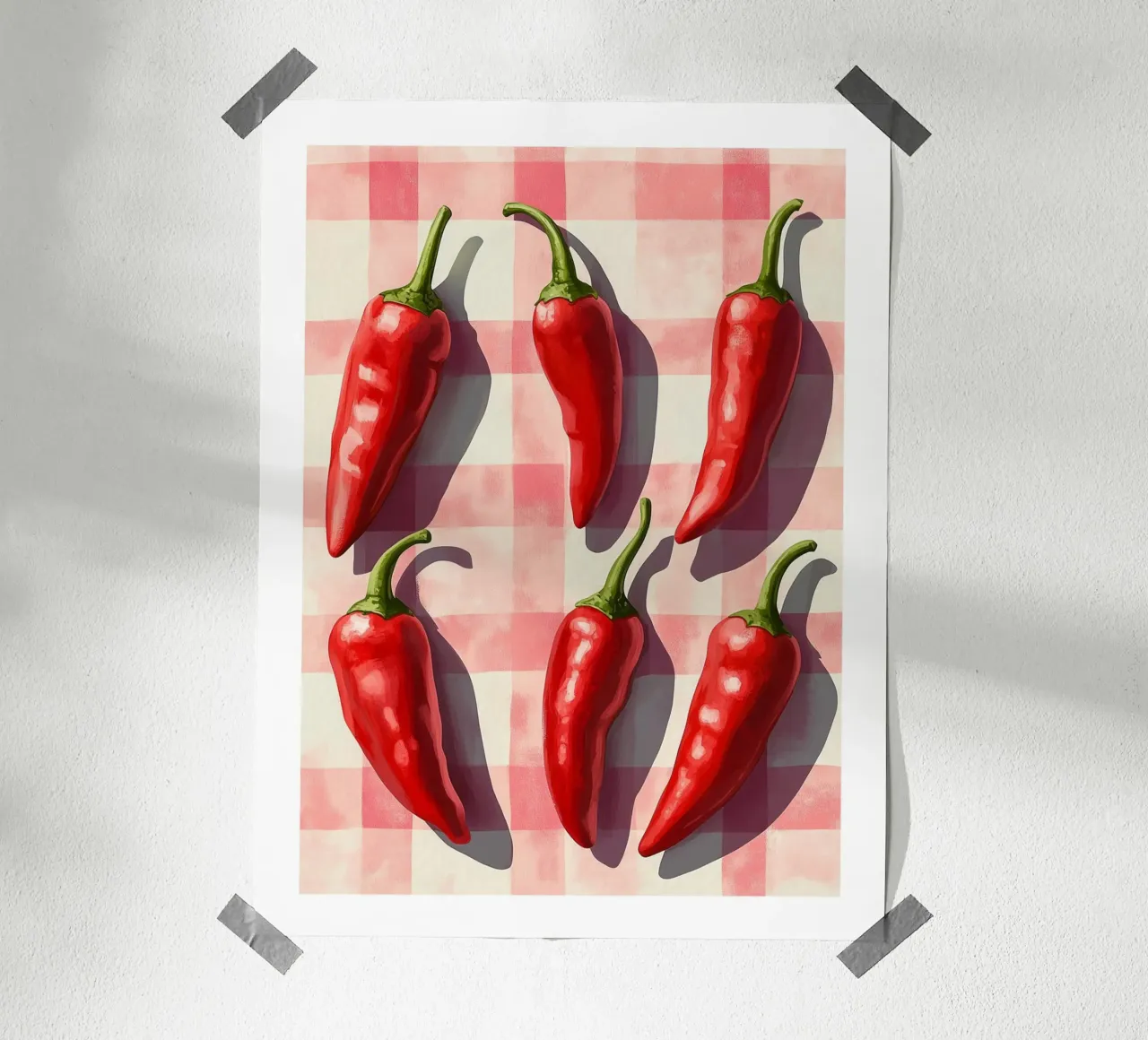 Red peppers on a checked background poster by Spice & Style