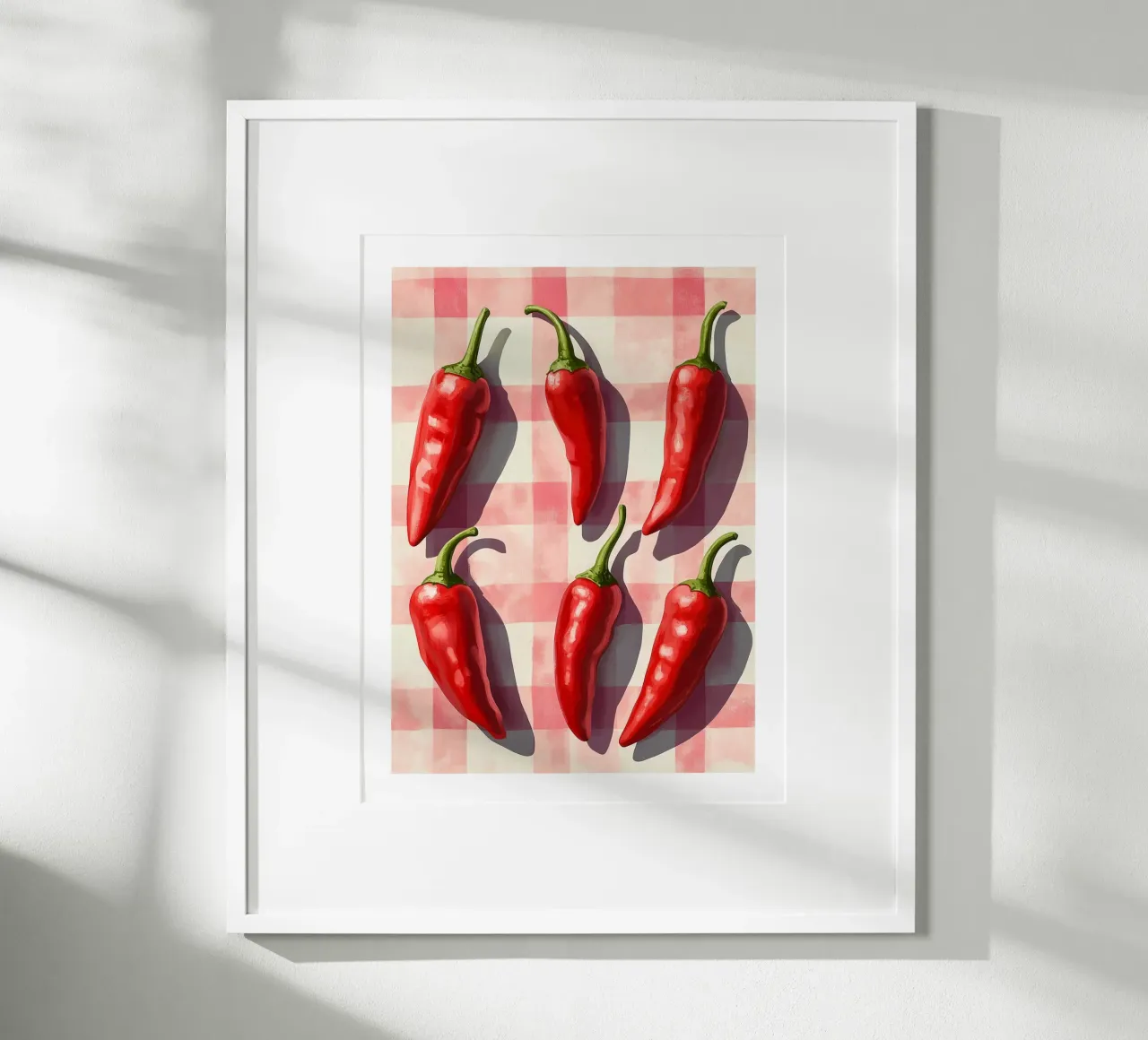 Red peppers on a checked background poster by Spice & Style