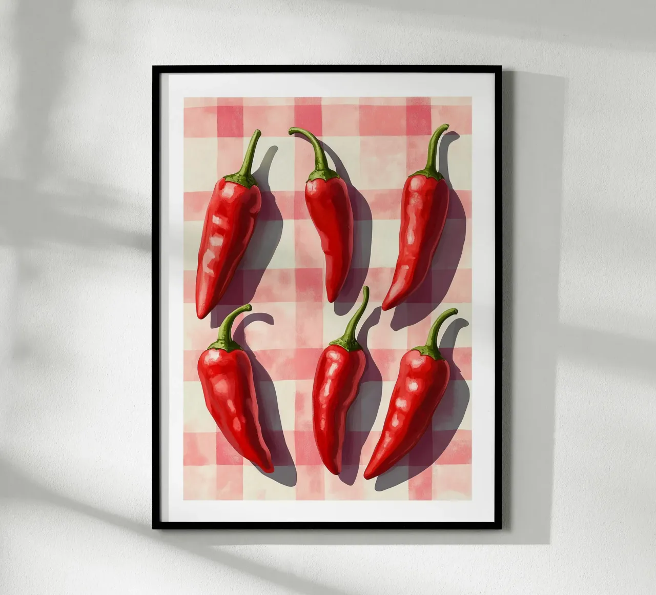 Red peppers on a checked background poster by Spice & Style