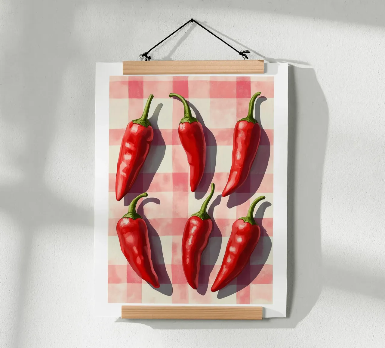 Red peppers on a checked background poster by Spice & Style