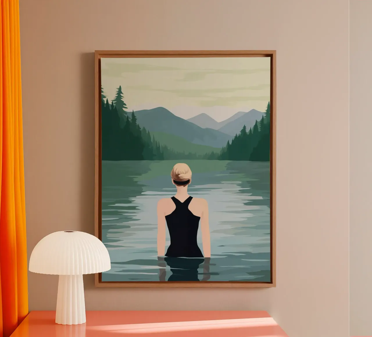 Donna che fa il bagno in un lago di montagna | Freschezza del lago pittura all'aperto tela con Cornice a cassetta da Autofocus