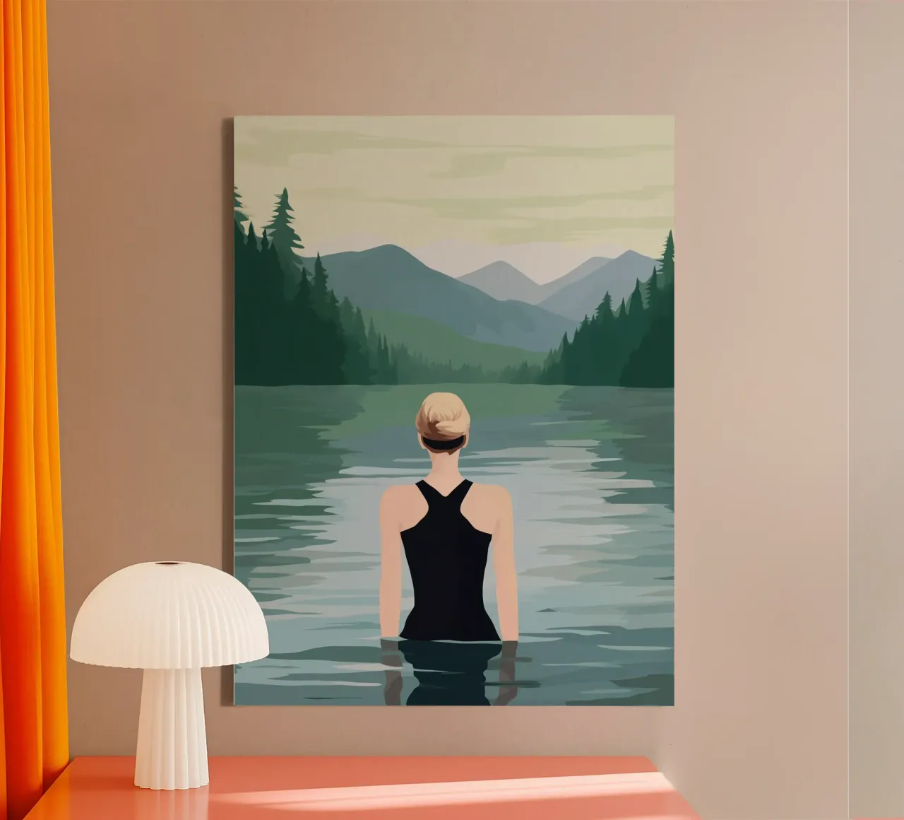Donna che fa il bagno in un lago di montagna | Freschezza del lago pittura all'aperto tela con Cornice a cassetta da Autofocus