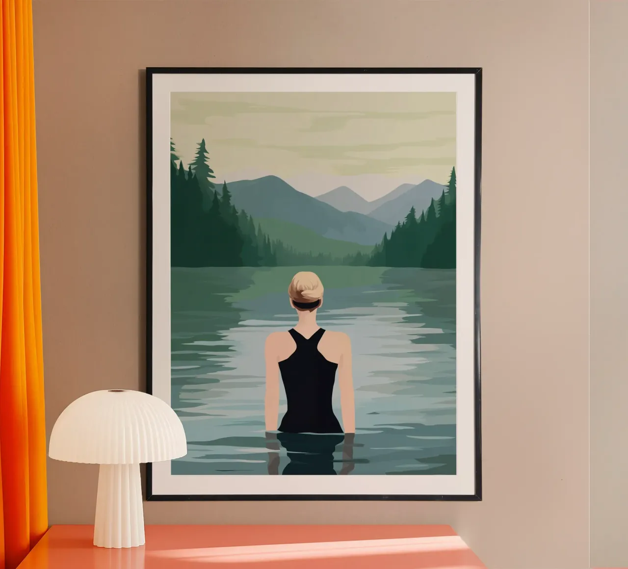 Woman bathing in a mountain lake | Outdoor Painting poster with wooden frame by Autofocus