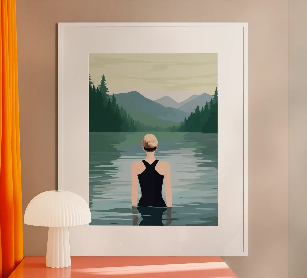 Woman bathing in a mountain lake | Outdoor Painting poster with wooden frame by Autofocus